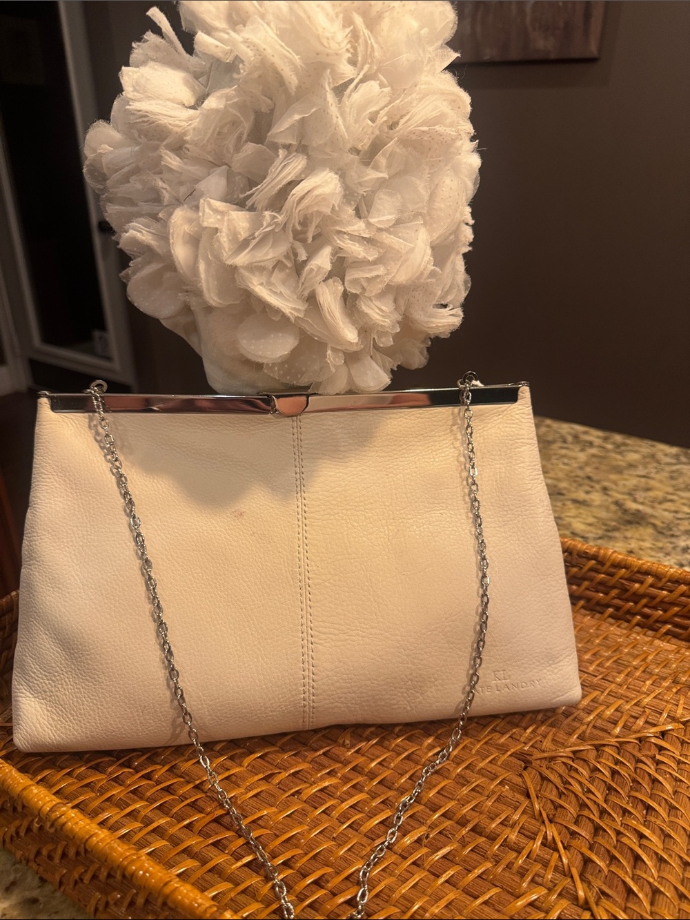 Kate Landry Cream Leather Chain Clutch with Silver Hardware